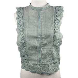 E&M Swiss Dot Crochet Lace Top Sz S Highneck Victorian Cottage Prairie Old West